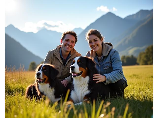 Gründerpaar Schmidt mit ihren Berner Sennenhunden in einer idyllischen Schweizer Alpenlandschaft.